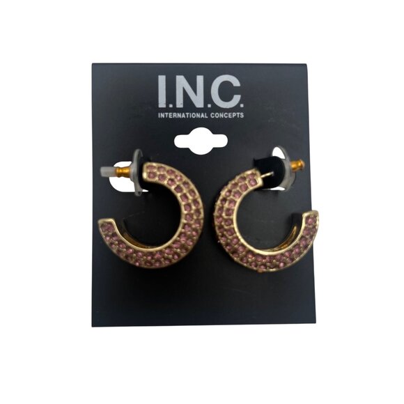 NWT Gold-Tone Pink Rhinestone Hoop Earrings Pierced 1" INC International Concept - Picture 5 of 8